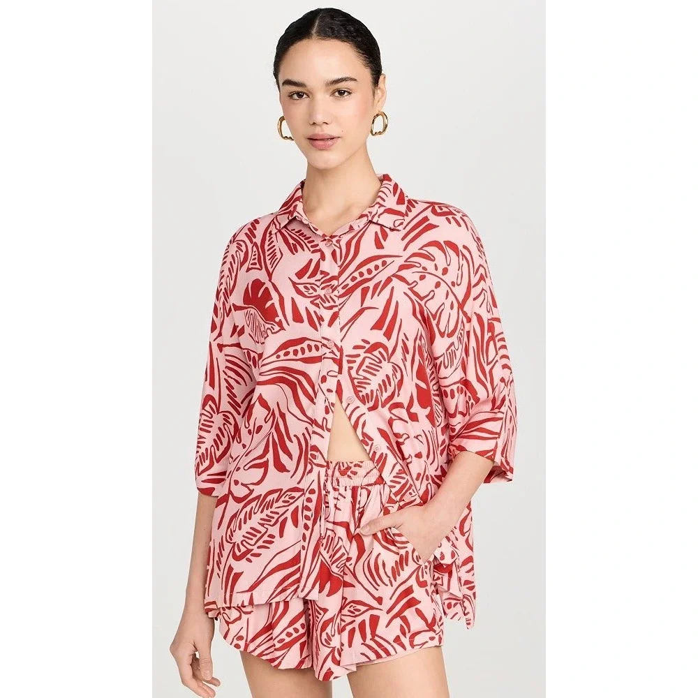 Seven Wonders Short Set Women Large Pink Red Tropical Leaf Button Down Shorts